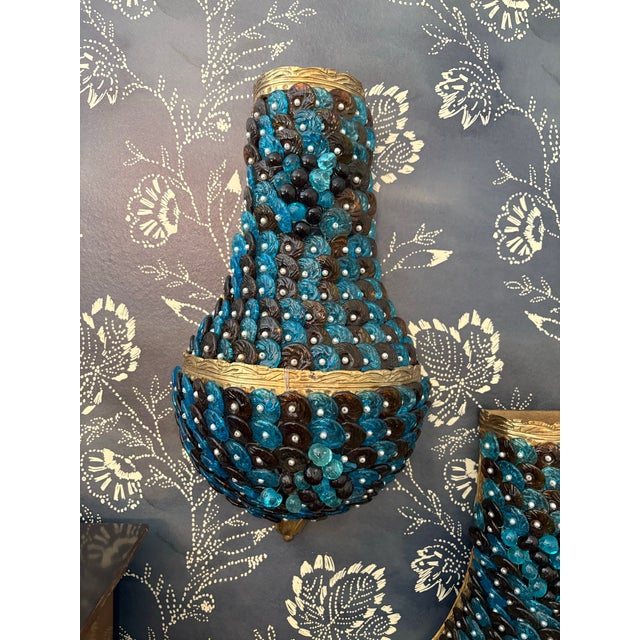 Art Deco 1940’s Dore Bronze Sconce Cages With Beaded Glass in the Style of Ercole Barovier, a Pair For Sale - Image 3 of 12