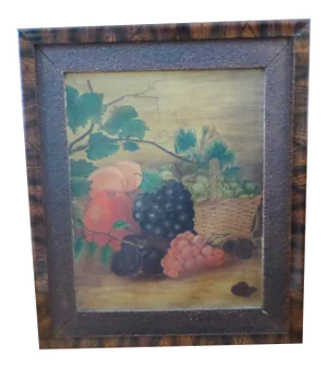Antique Folk Art Painting on Canvas of Fruit in Early Deceptive Painted Frame
