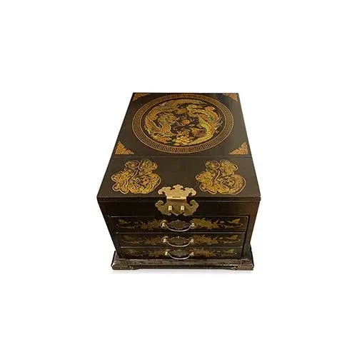 Delicate and beautiful Black hand painted wooden Asian jewelry box with gold phoenix and dragon detailing. Includes a...