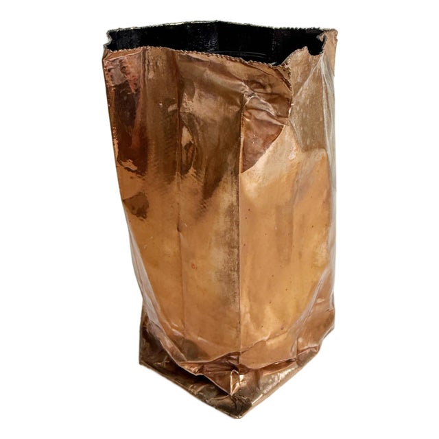 1980s Postmodern Copper Metal Paper Bag Vase For Sale