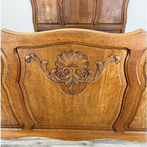 Vintage French Louis XVI Double Bed Frame in Oak with Carved Headboard For Sale - Image 6 of 12