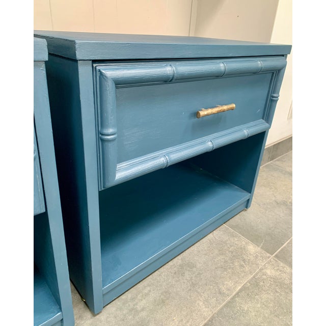 Blue Blue Faux Bamboo Wooden Nightstands - A Pair For Sale - Image 8 of 9