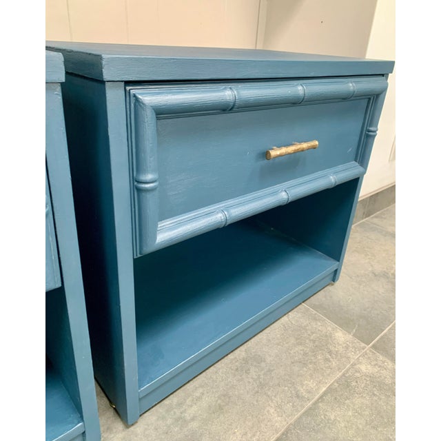 Blue Vintage Blue Faux Bamboo Nightstands - A Pair For Sale - Image 8 of 9