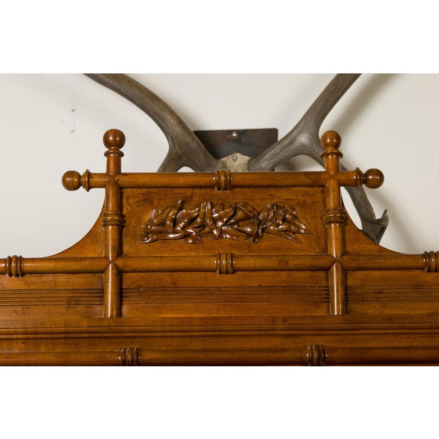 Glass Large English Faux-Bamboo Walnut Mirror Made of 1900s Doors with Carved Ivy For Sale - Image 7 of 12
