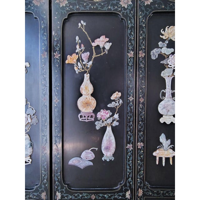 1900s Chinese Six-Panel Carved Hardstone Lacquered Coromandel Screen For Sale - Image 10 of 18