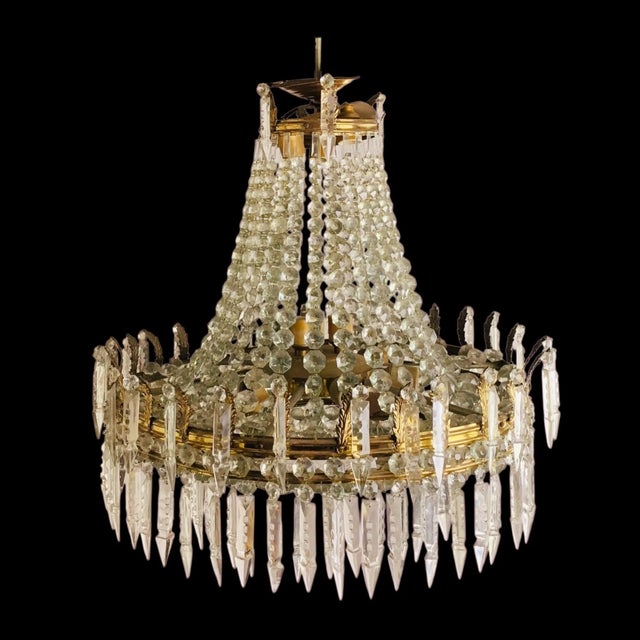 Metal 1940s Empire-Style Brass and Glass 12-Light Chandelier For Sale - Image 7 of 9