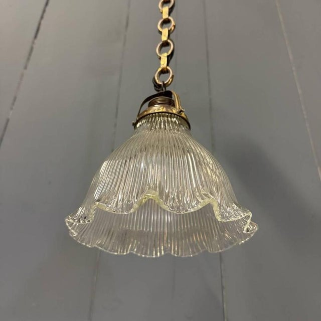 Small Pressed Glass Pendant Lamp with Chain and Ceiling Rose from Holophane, 1930s For Sale - Image 15 of 18