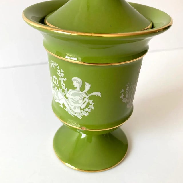 Italian Florentine Moss Green and Gold Petite Lidded Round Jar Urn, 1960s For Sale - Image 10 of 11