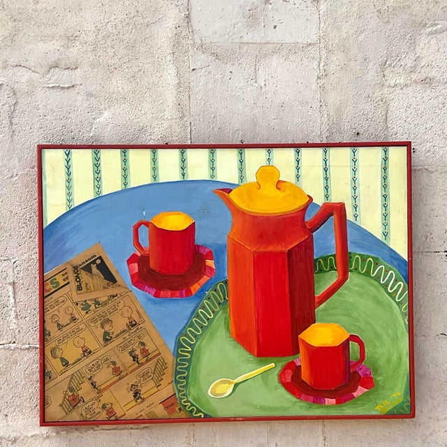 Vintage Boho Mixed Media Coffee Service Still Life on Canvas Painting For Sale - Image 4 of 5