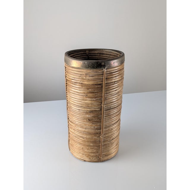 Wood Mid-Century Modern Italian Pencil Reed Rattan and Brass Umbrella Stand, 1970s For Sale - Image 7 of 9