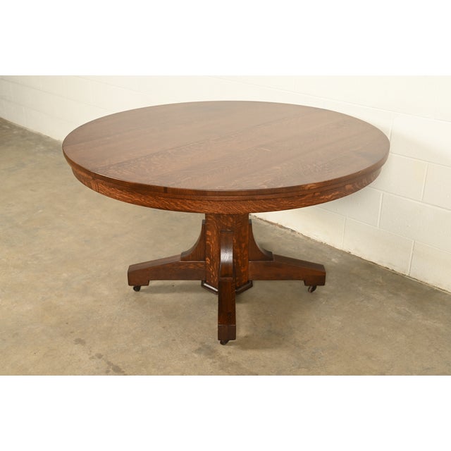 Mission Stickley Brothers Style Antique Mission Oak Arts & Crafts Pedestal Extension Dining Table, Newly Refinished For Sale - Image 3 of 13