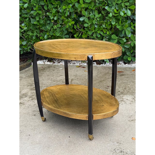 Late 20th Century Vintage Gold and Black Oval Bar Cart on Brass Casters For Sale - Image 5 of 12