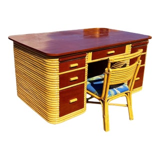 1940s Restored Paul Frankl Style Stacked Rattan & Mahogany Executive Desk W/ Chair For Sale