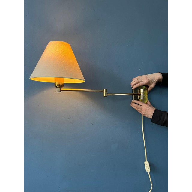 Hollywood Regency Golden Hollywood Regency Swing Arm Wall Lamp with Beige Shade For Sale - Image 3 of 11
