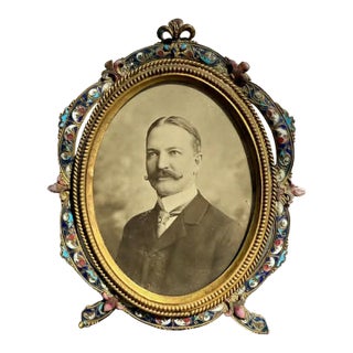 Antique Colorful Enamel Bronze Photo Frame With Black and White Picture of a Gentleman From 19th Century For Sale