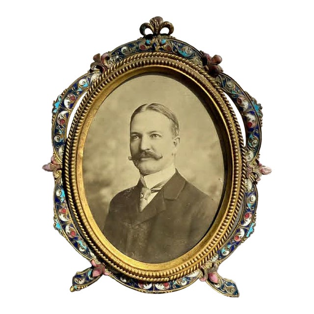 Antique Colorful Enamel Bronze Photo Frame With Black and White Picture of a Gentleman From 19th Century For Sale