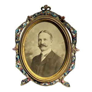 Antique Colorful Enamel Bronze Photo Frame With Black and White Picture of a Gentleman From 19th Century