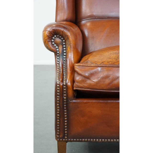 Warm Color Leather Wing Chair For Sale - Image 10 of 12