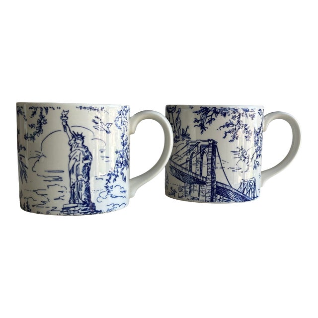 Tiffany & Co. Toile Mugs With Scenes of New York Blue and White For Sale