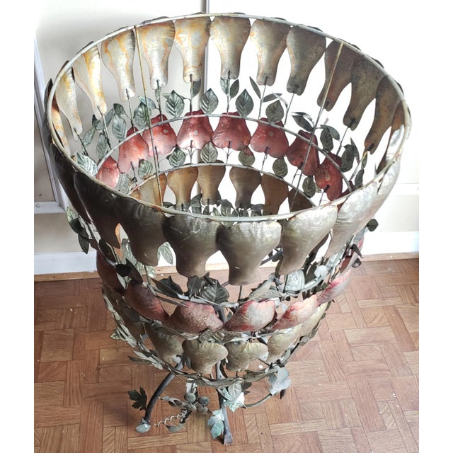 Vintage Handmade Mid Century Italian Wrought Iron and tole Decorative fruit and Leaf Vase Stand. This stunning 1960's...