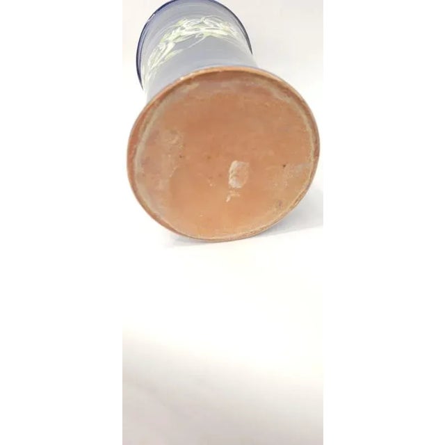 Vintage 1980s Navy Blue Flower Hand Painted Terracotta Art Pottery Vase, France For Sale - Image 4 of 5