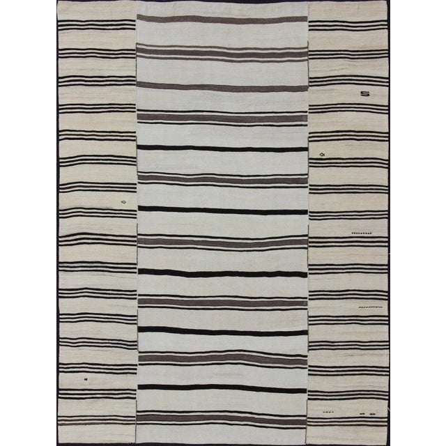 Large Vintage Turkish Kilim Rug With Vertical Stripes in Cream and Brown For Sale - Image 11 of 11