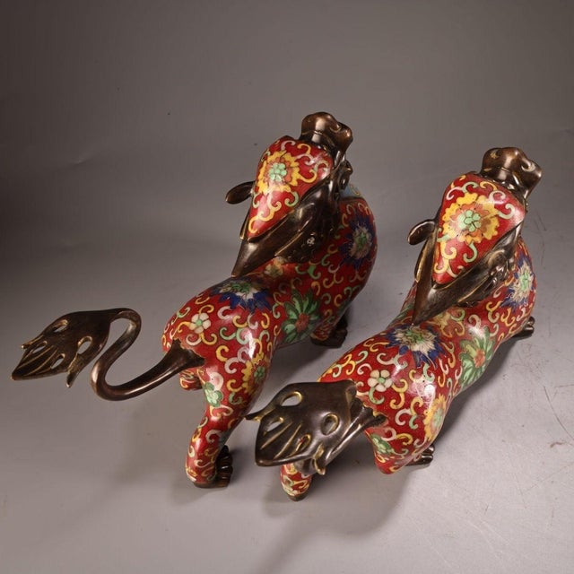 Pair of Antique Cloisonné Enamel Pixiu Statues, Mythical Beast Figures, 2.6kg Each For Sale - Image 4 of 9