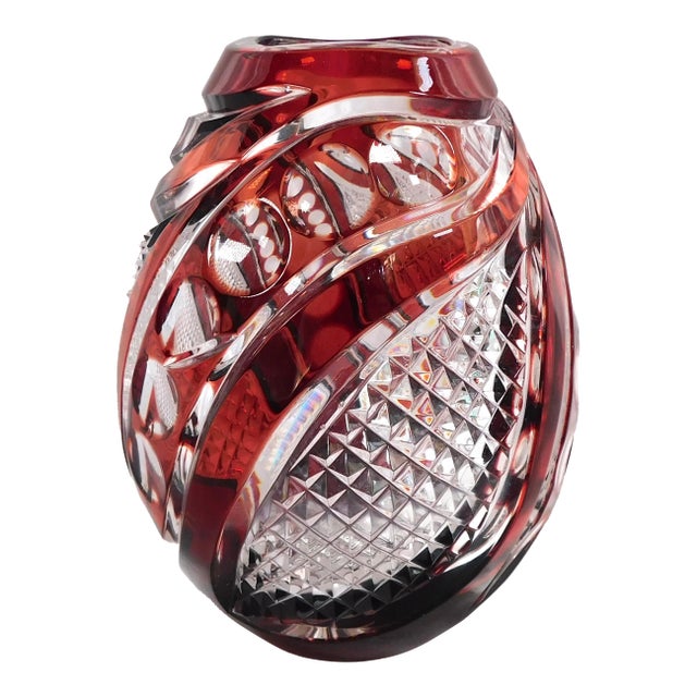 Dark Red Cut to Clear Vase For Sale