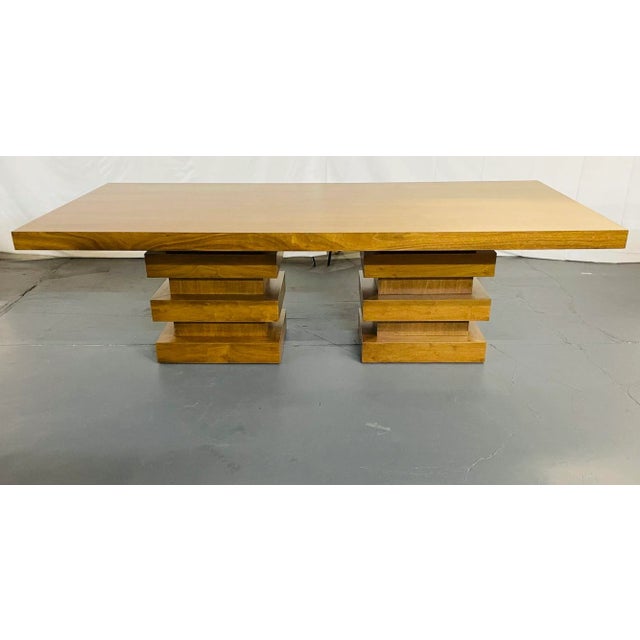 Modern Oak Double Pedestal Base Dining / Conference Table, Geometric Design A solid oak slab table top sitting on solid...