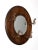 This antique hall mirror features a wood frame with four brass hooks and a beveled glass center, accented by brass nail...