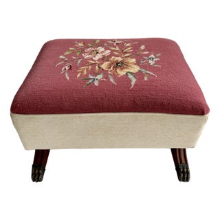 Vintage Large Floral Needlepoint Footstool Ottoman With Wood and Brass Clawfeet For Sale