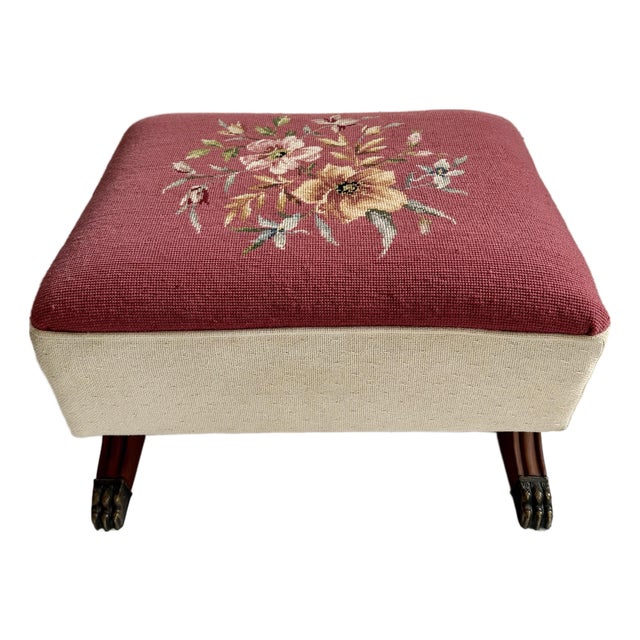 Vintage Large Floral Needlepoint Footstool Ottoman With Wood and Brass Clawfeet For Sale