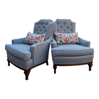 Late 20th Century Tufted French Blue Hollywood Regency Stylized Wingback Chairs, a Pair For Sale