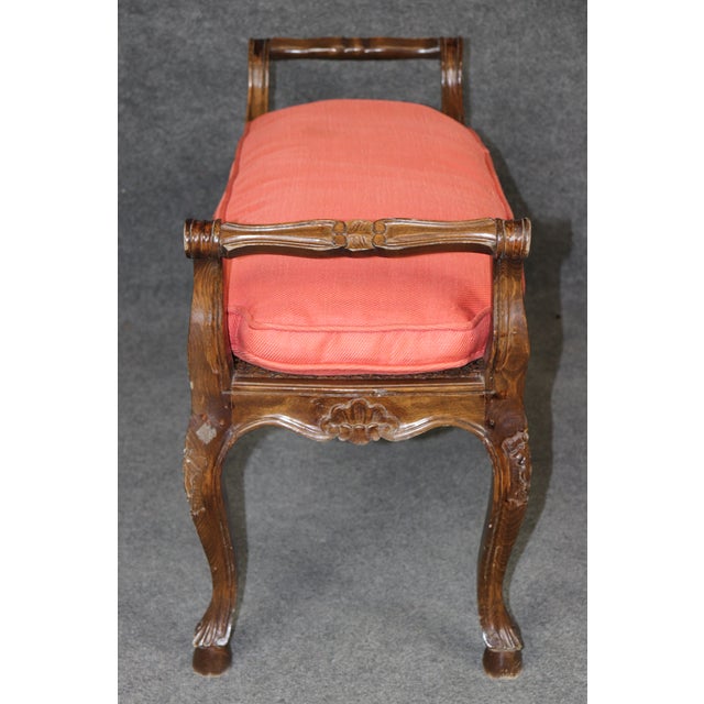 Wood Carved Walnut French Cane and Upholstered Louis XV Style Window Bench For Sale - Image 7 of 7