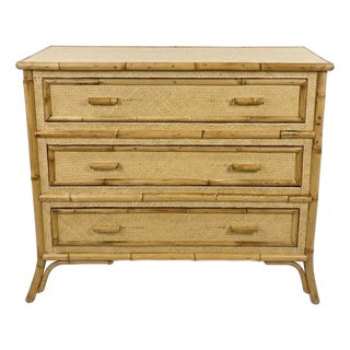 Vintage Tropical Rattan & Bamboo 3-Drawer Dresser With Sunburst Motif For Sale