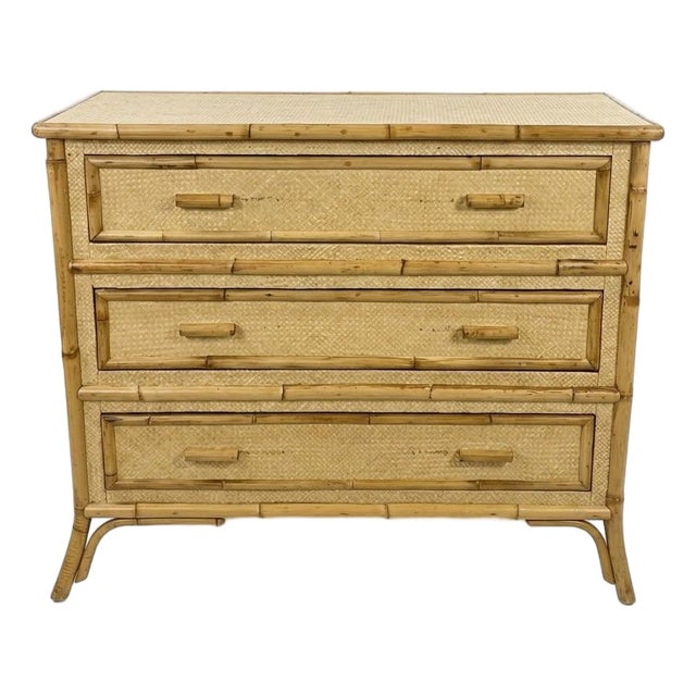 Vintage Tropical Rattan & Bamboo 3-Drawer Dresser With Sunburst Motif For Sale