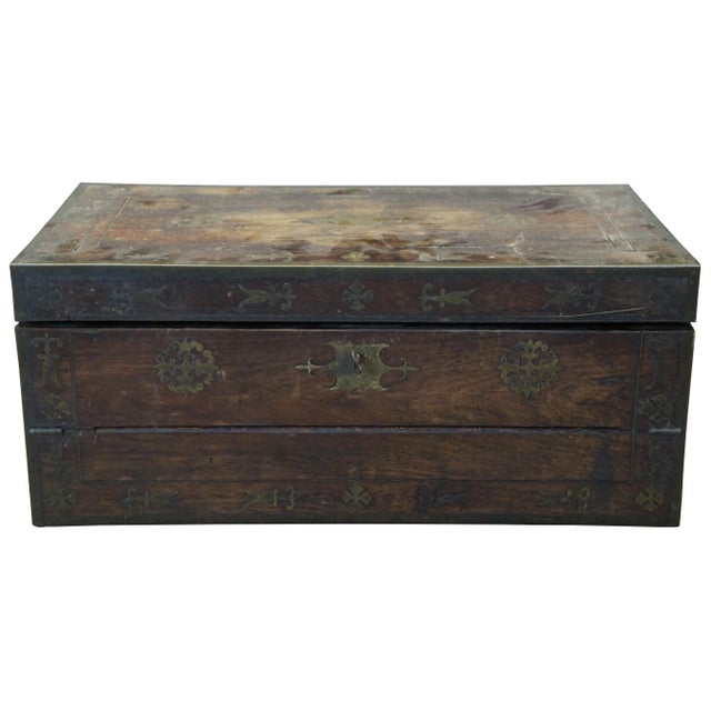 Antique early 19th century writing slope/storage chest, made of wood with brass hardware and inlays, mirror, bonded...