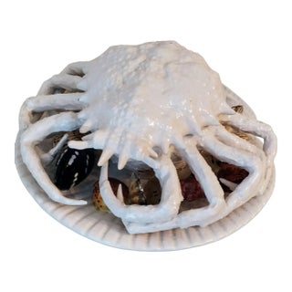 Trompe l'Oeil Italian White Majolica Crab Covered Dish Seashells For Sale