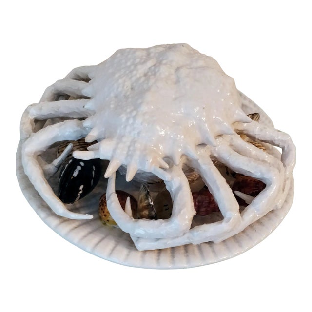 Trompe l'Oeil Italian White Majolica Crab Covered Dish Seashells For Sale