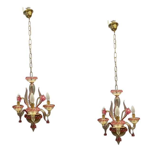 Venetian Pink Murano Glass Chandeliers, 1960s, Set of 2 For Sale