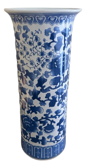 Vintage Chinoiserie Blue and White Porcelain Umbrella Stand