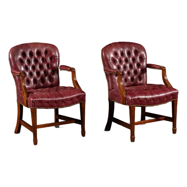 Late 20th Century Pair of Tufted Leather Round-Back Dining Chairs in Burgundy For Sale