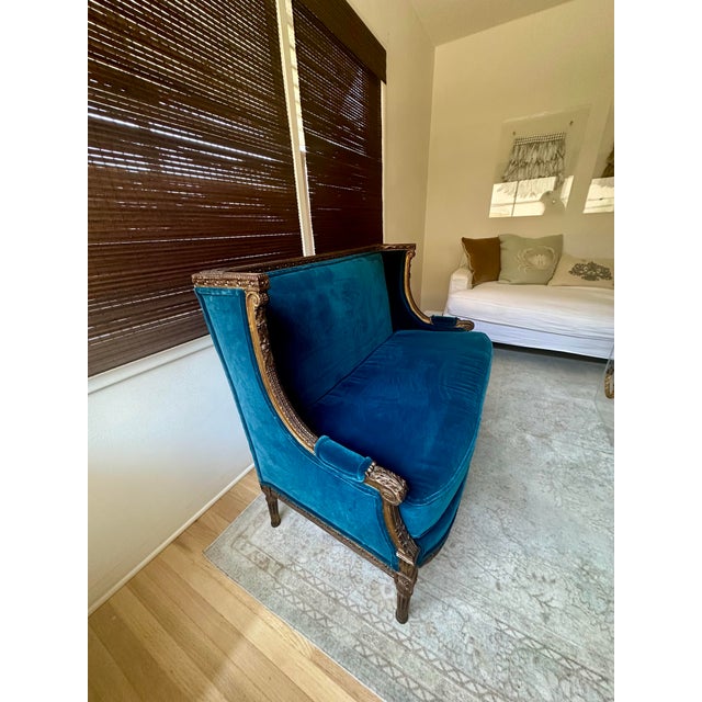 STUNNING! MINT CONDITION!! Louis XVI French Revival Vintage Carved Wood Settee upholstered in a rich deep teal/peacock...