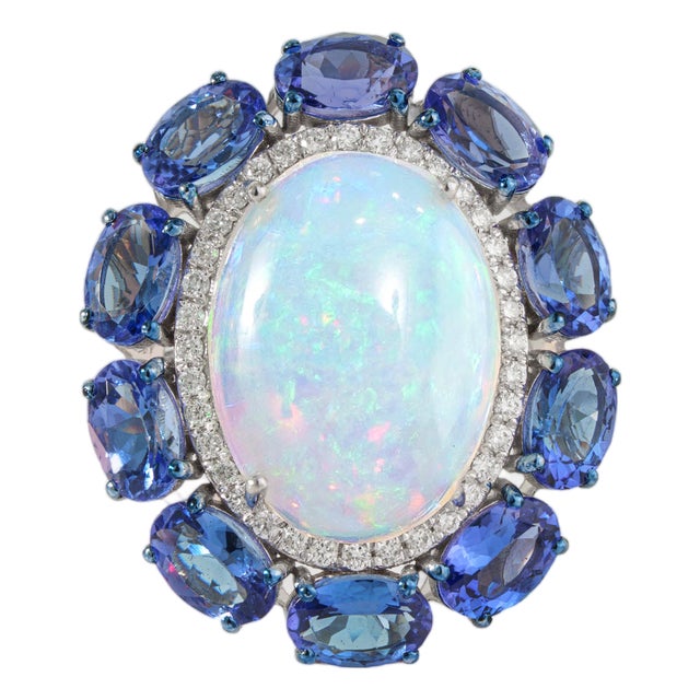 18k Gold Vintage 10.96 Carat Cocktail Ring Size 5 - Fire Opal & Royal Blue Sapphires For Sale