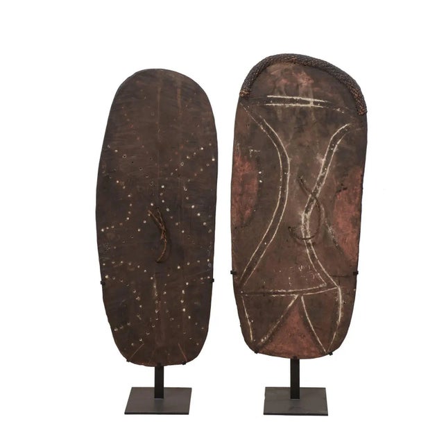 Handcrafted War Shields From Papua New Guinea on Custom Stands - a Pair For Sale - Image 12 of 12