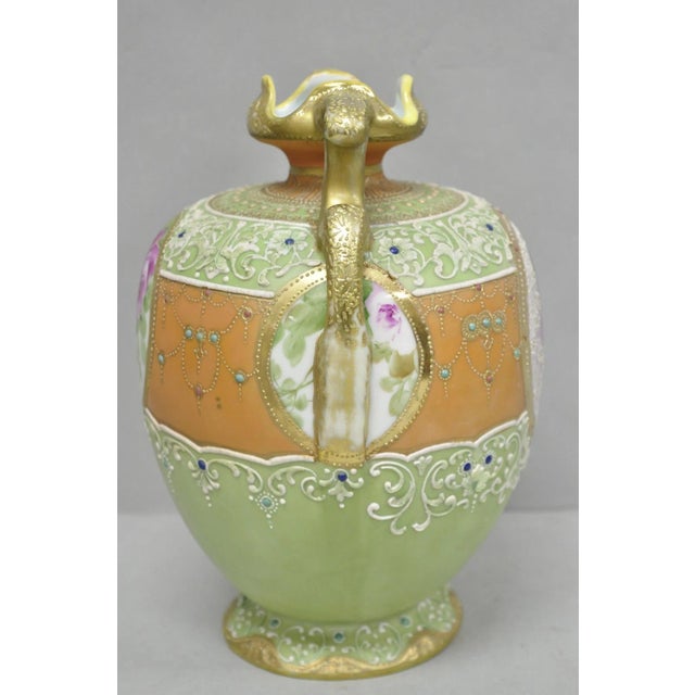 Antique Nippon Hand Painted Porcelain Green Moriage Twin Handle Portrait Vase For Sale - Image 11 of 17