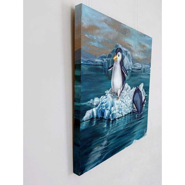 Acrylic painting depicting two inflatable emperor penguin chicks positioned on a small iceberg within a cold marine...