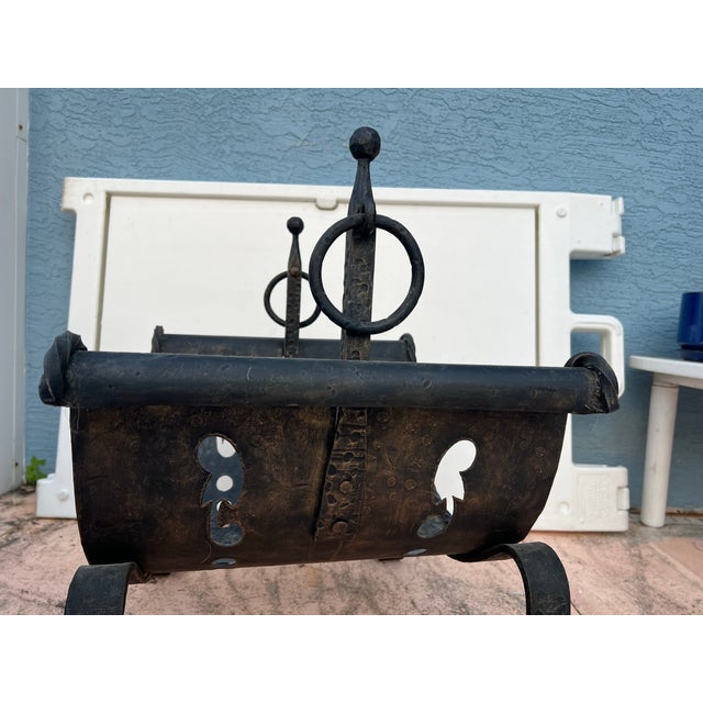 Spanish Revival Vintage Cast Iron Fireplace Firewood Holder For Sale - Image 3 of 9