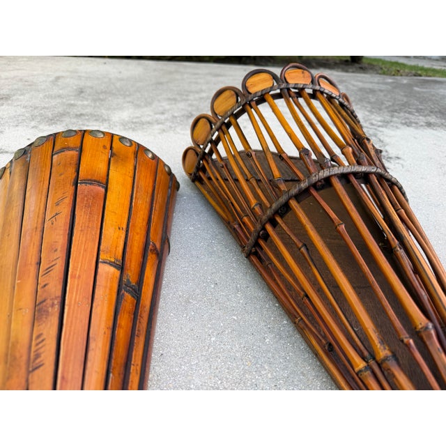 Wood Vintage Sculptural Rattan and Bamboo Wall Pockets, a Coordinated Pair For Sale - Image 7 of 11