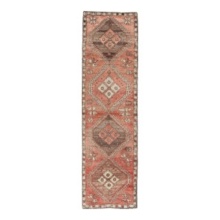 Geometric Vintage Turkish Oushak Runner With Medallions in Red and Brown For Sale